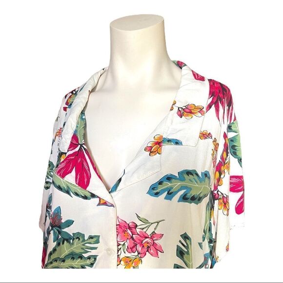 Japna Hawaiian Blouse Tie Waist White Pink Tropical Floral Short Sleeve Women S - Picture 3 of 8